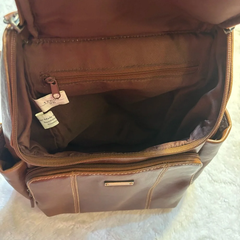 Connections Mini Backpack Tan Cognac Faux Leather Brass-tone Hardware Brown Intr